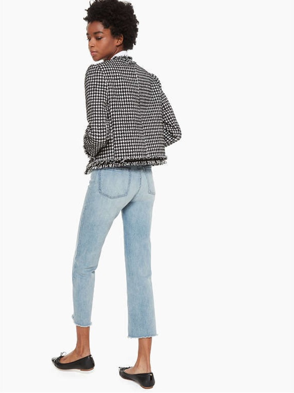kate spade Black & White Houndstooth Fringe Cropped Jacket NWOT - Picture 2 of 5